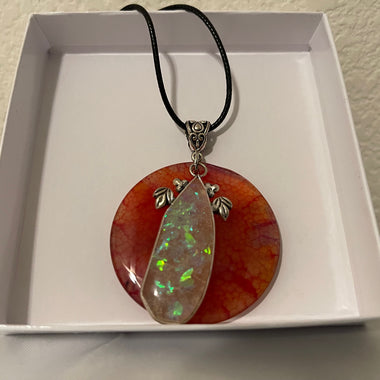 Handmade Dragon Veins Pendant with Opal stone, Leather Cord Necklace, 14 inches