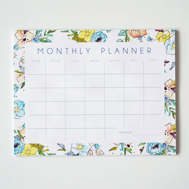 Blue Watercolor Floral Monthly Planner Notepad