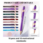 Inspirational Stationery Set: 10 Colorful Motivational Pens & 10 Uplifting Pocket Notebooks