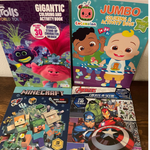 (4) Coloring, Activity and Sticker Pads: Cocomelon, Marvel Avengers, trolls, Minecraft