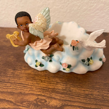 Vintage African American Boy Angel with Harp Figurine